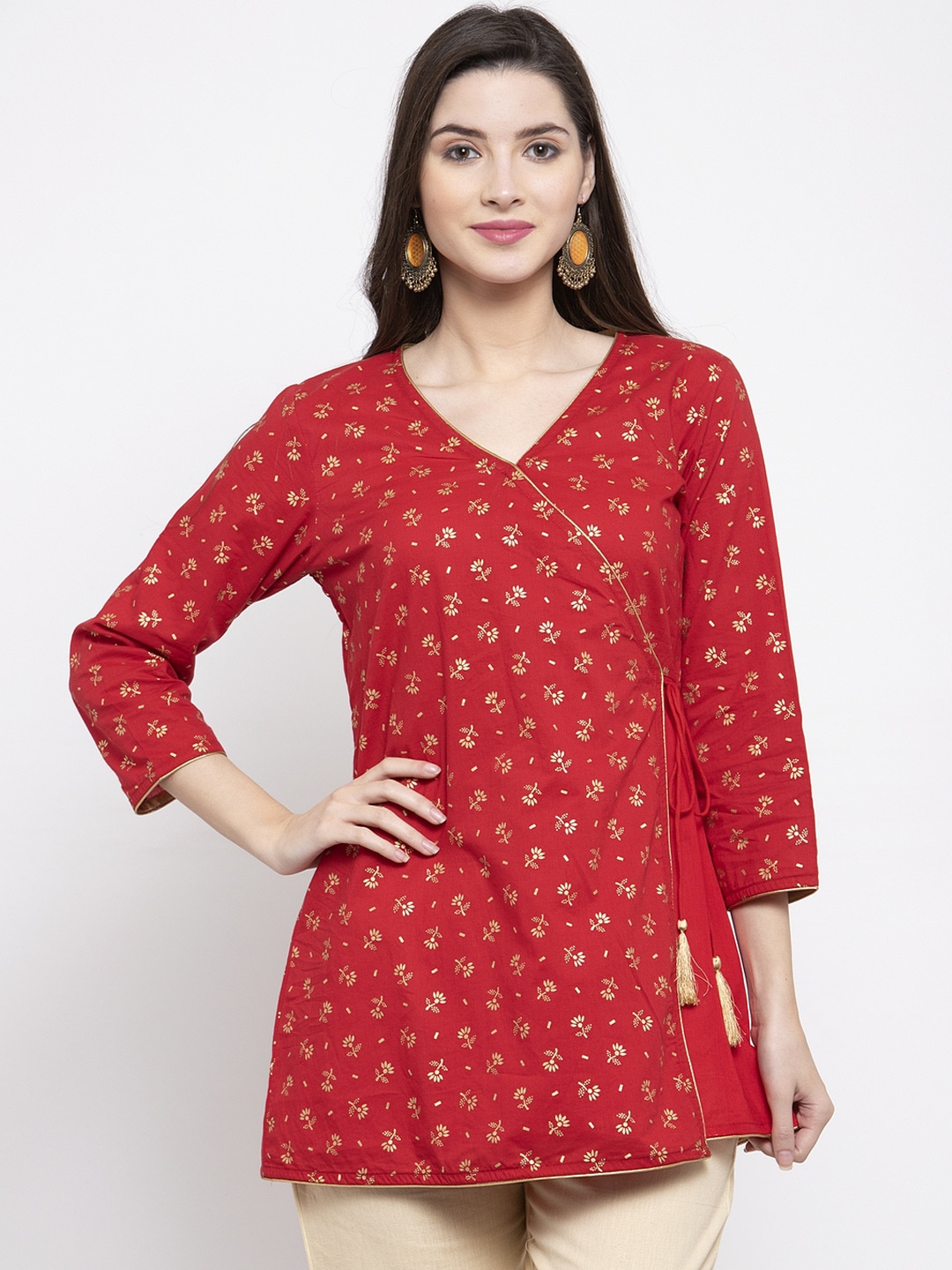 Bhama Couture Women Red & Golden Foil Print Angrakha Tunic Price in India