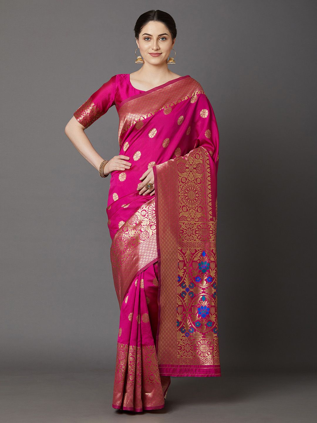 Mitera Pink & Golden Woven Design Banarasi Saree Price in India