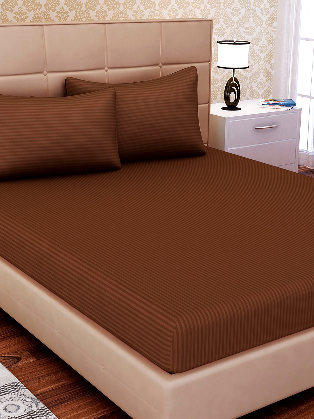 URBAN SPACE Brown Striped 210 TC Cotton 1 King Bedsheet with 2 Pillow Covers Price in India
