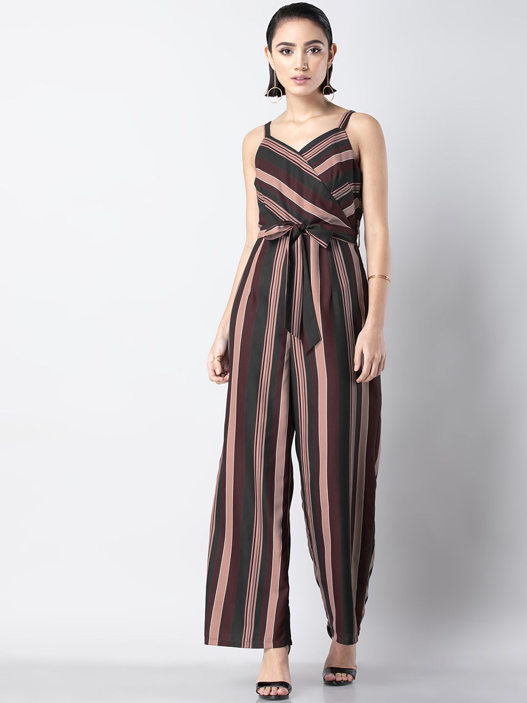 FabAlley Women Maroon & Dusty Pink Striped Basic Jumpsuit Price in India