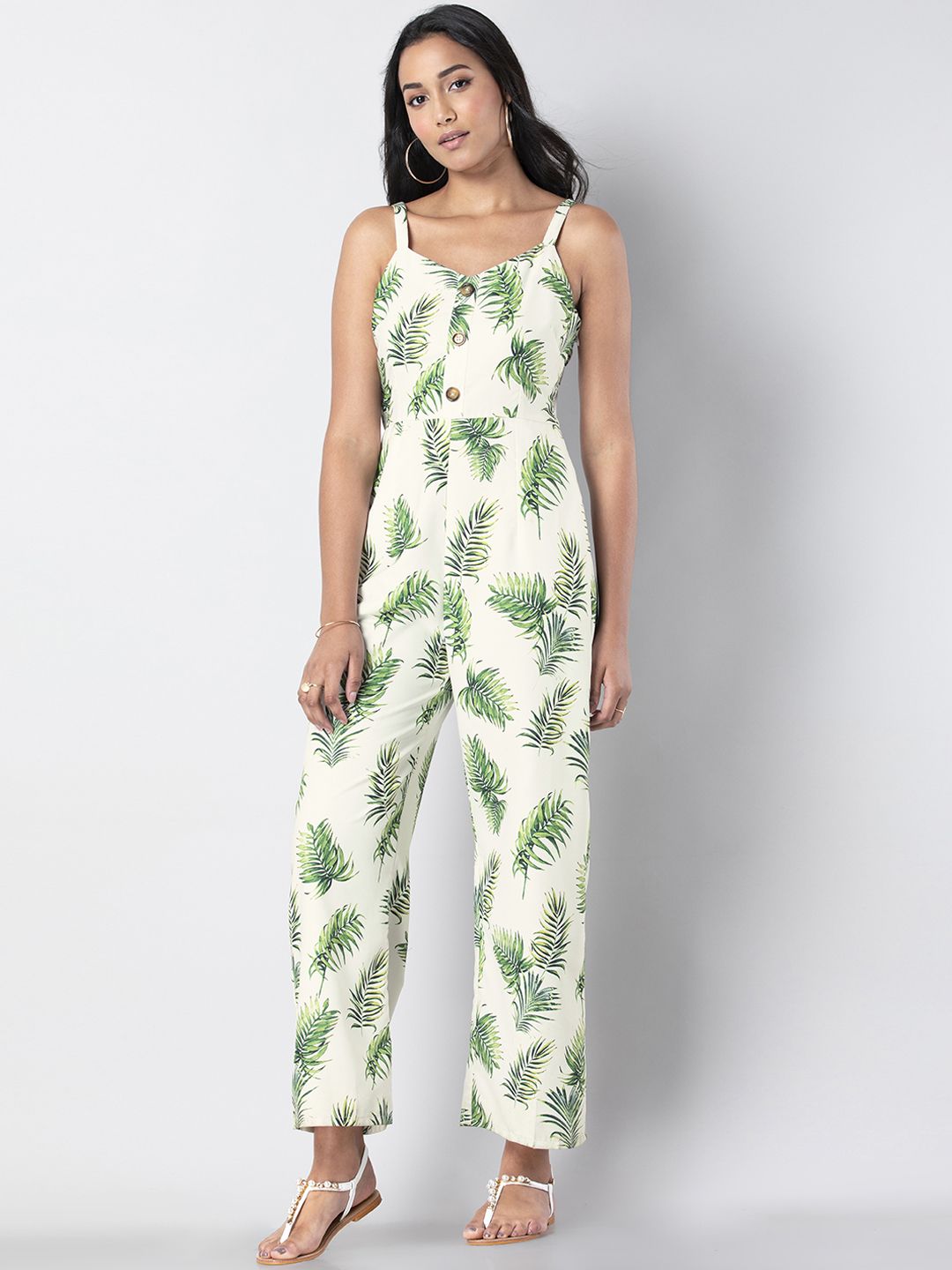 FabAlley Women Off-White & Green Printed Basic Jumpsuit Price in India