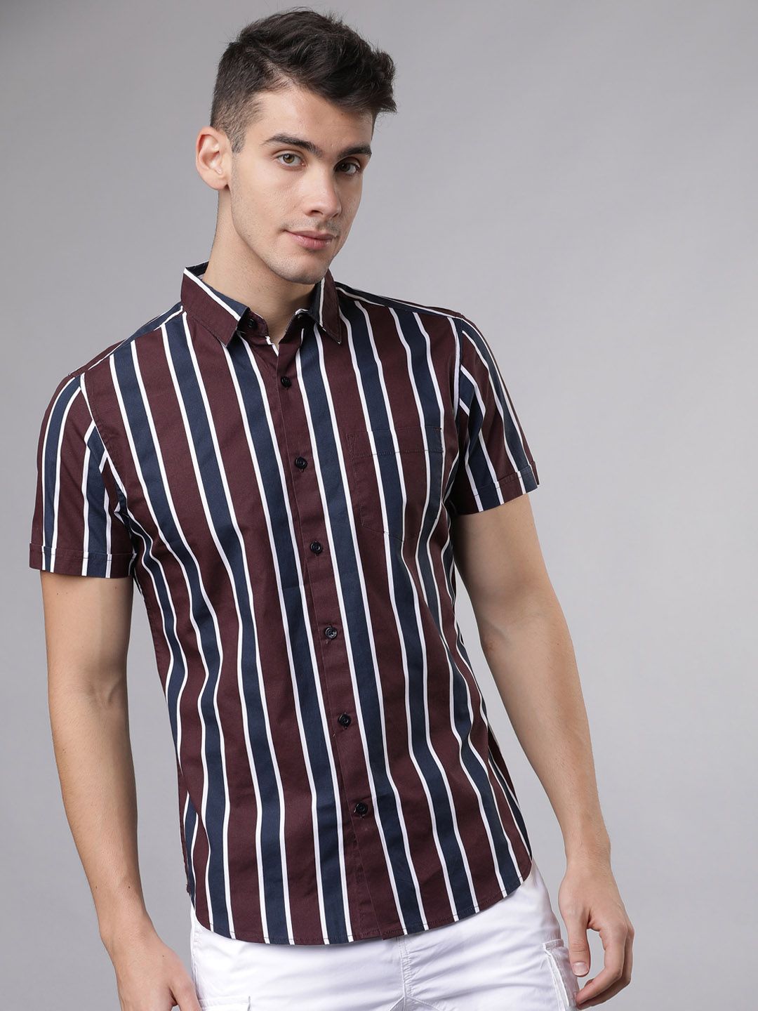 HIGHLANDER Men Navy Blue & Maroon Slim Fit Striped Casual Shirt