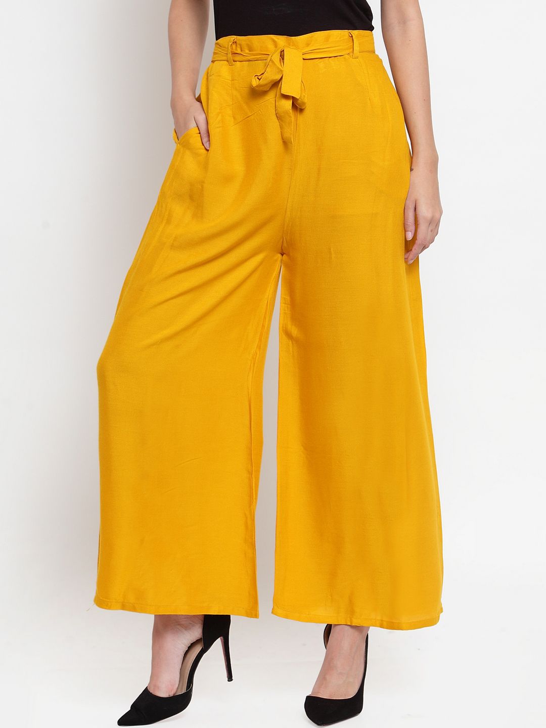 Clora Creation Women Yellow Solid Wide Leg Palazzos Price in India