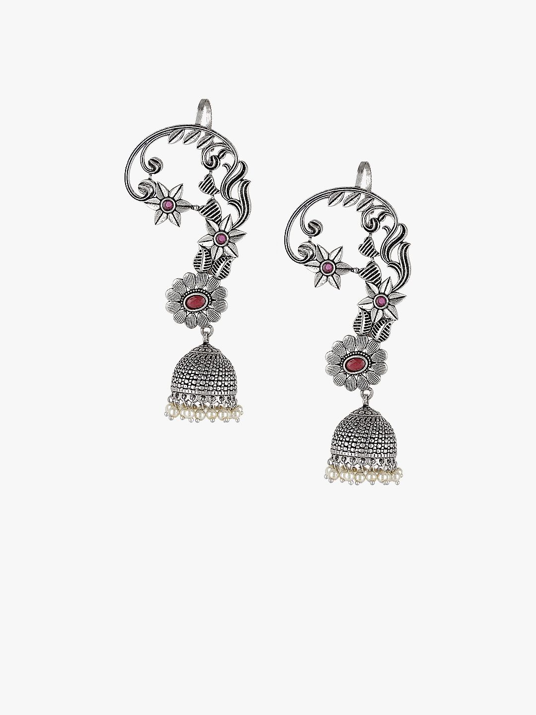 Adwitiya Collection Red Oxidised Silver Plated & Stone -Studded Dome Shaped Ear Cuffs Price in India