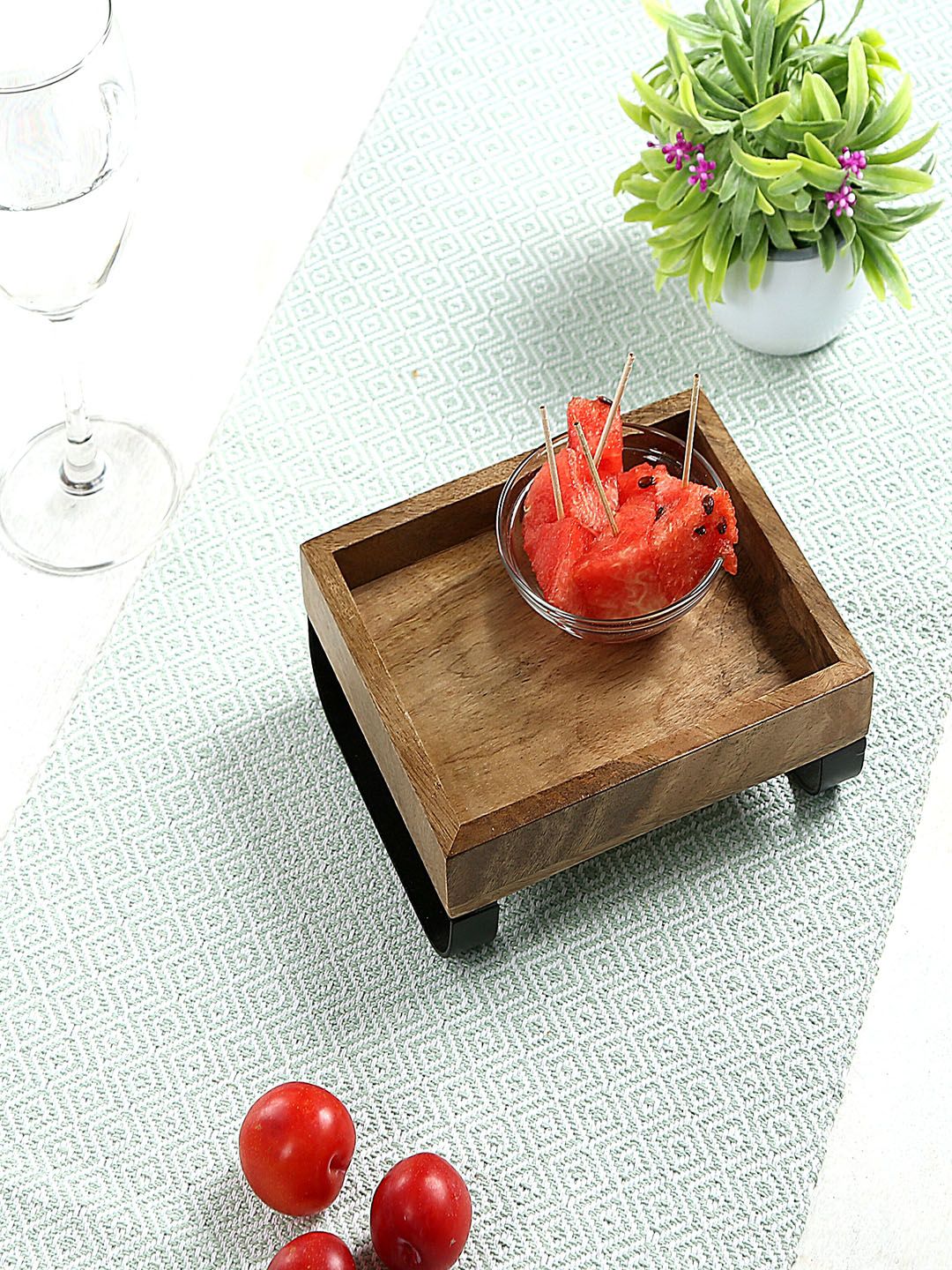 Crayton Brown Mango Wood Square Serving Tray with Bottom Metal Handle Price in India