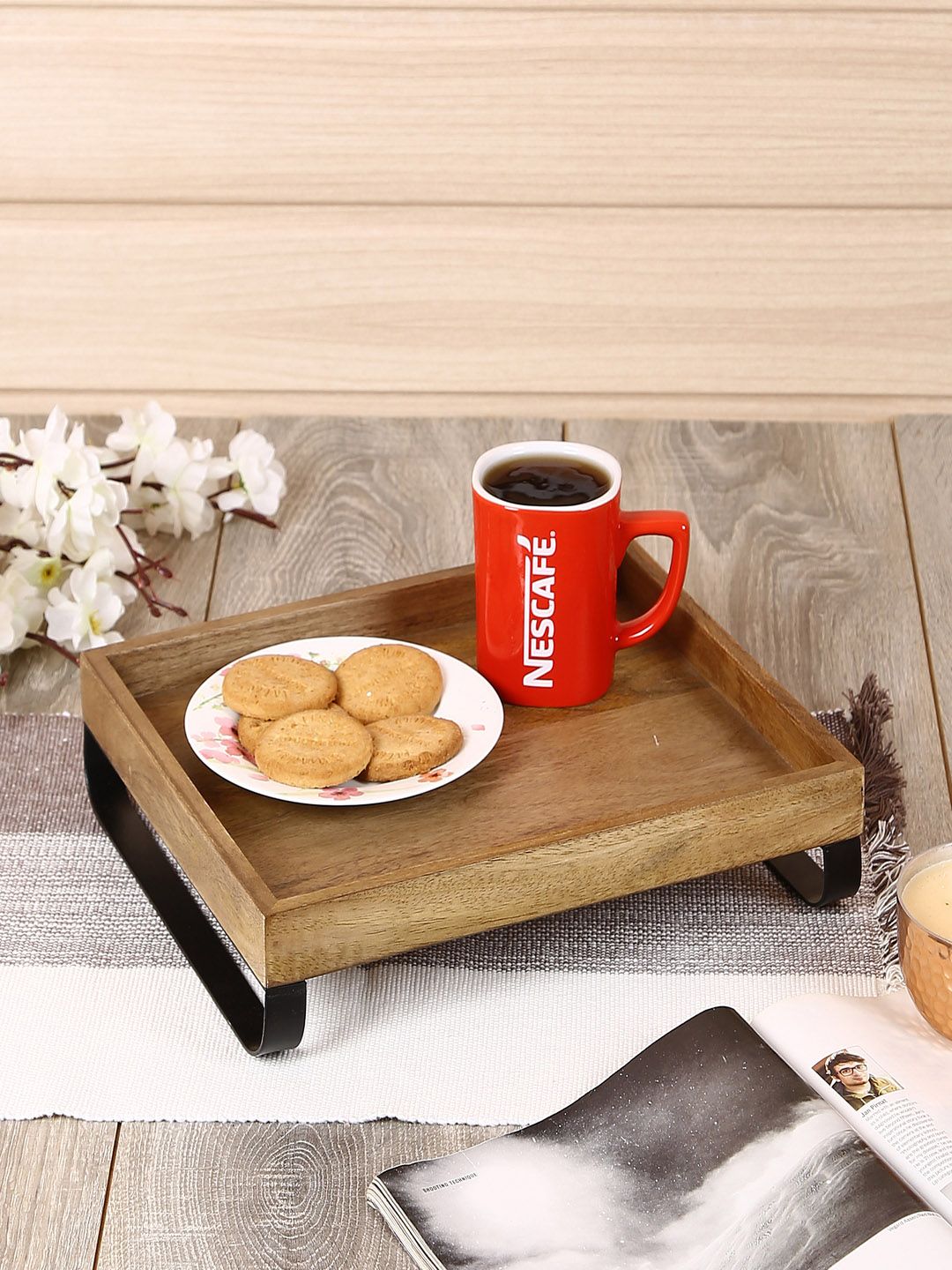 Crayton Brown Mango Wood Serving Tray with Bottom Metal Handle Price in India