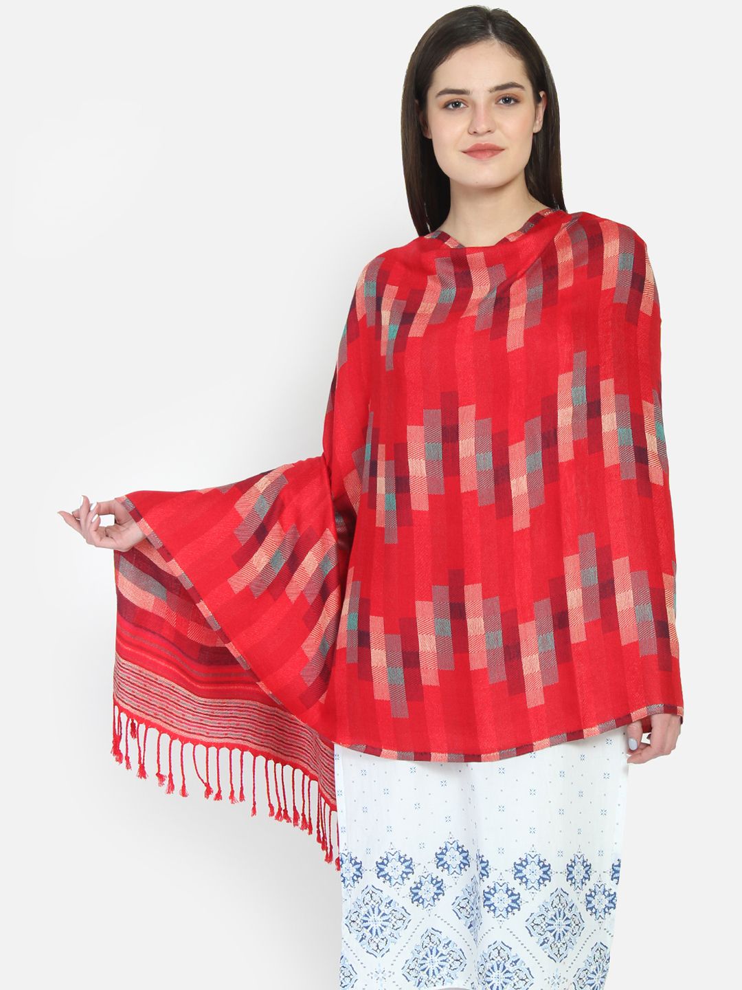 Anekaant Women Red Woven Design Shawl Price in India