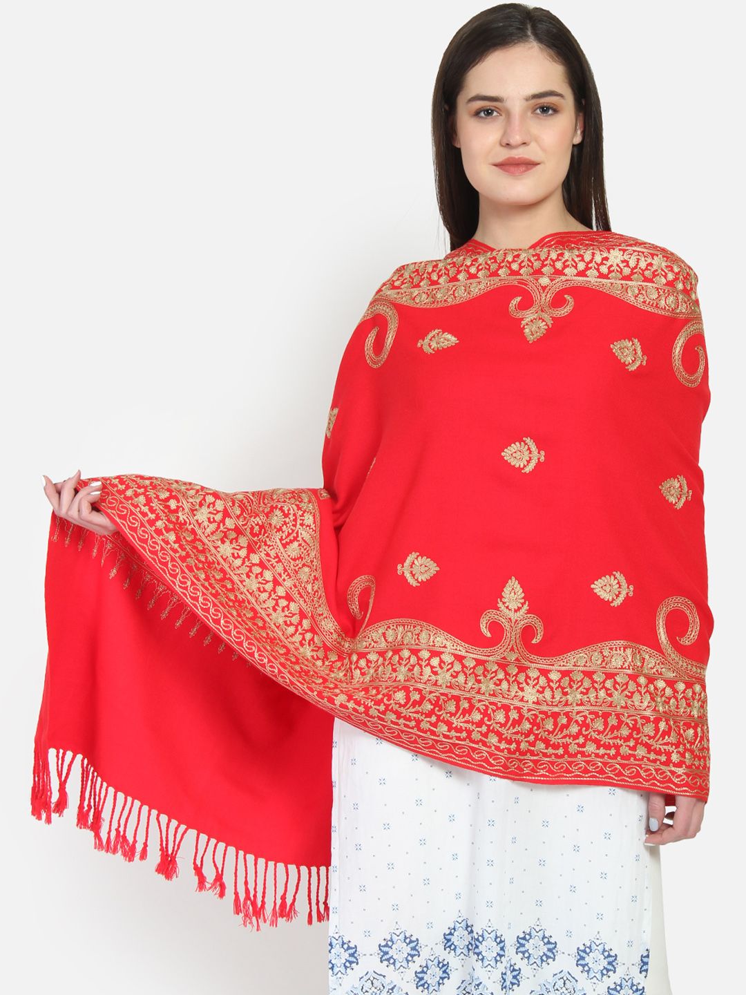 Anekaant Women Red & Gold-Toned Embroidered Shawl Price in India