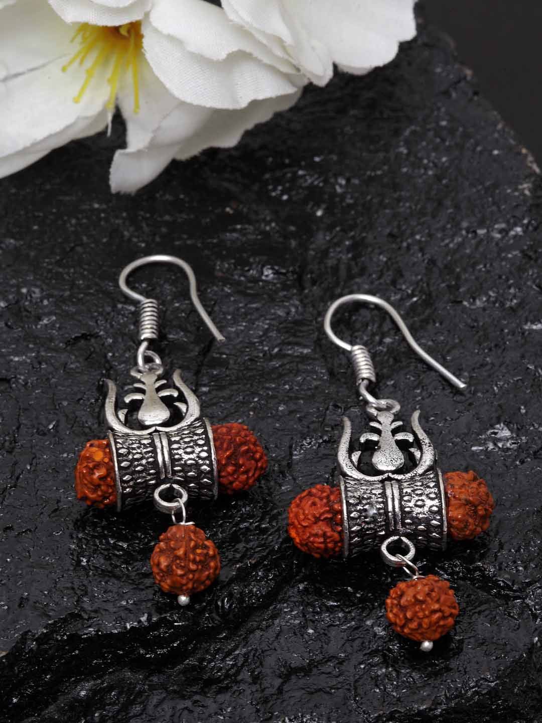 PANASH Silver-Plated & Brown Oxidised Classic Drop Earrings Price in India