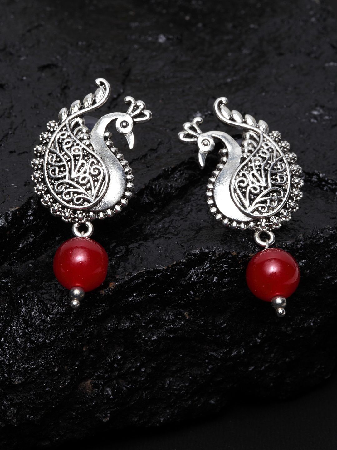 PANASH Red & Silver-Plated Peacock Shaped Oxidized Drop Earrings Price in India