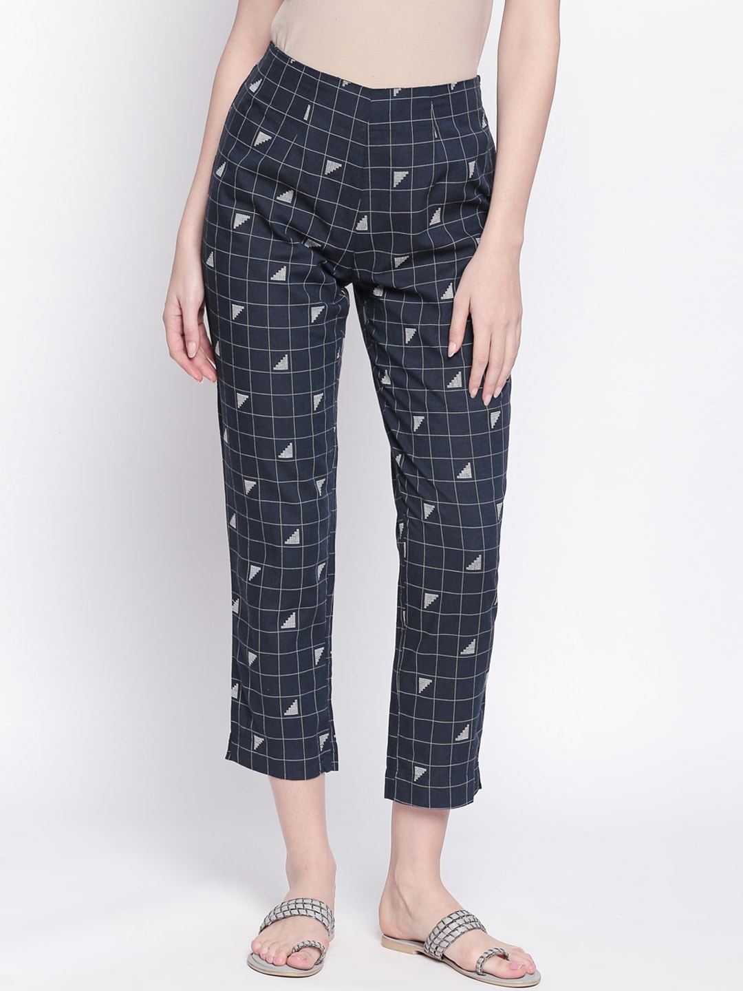 RANGMANCH BY PANTALOONS Women Navy Blue & Off-White Regular Fit Checked Peg Trousers Price in India