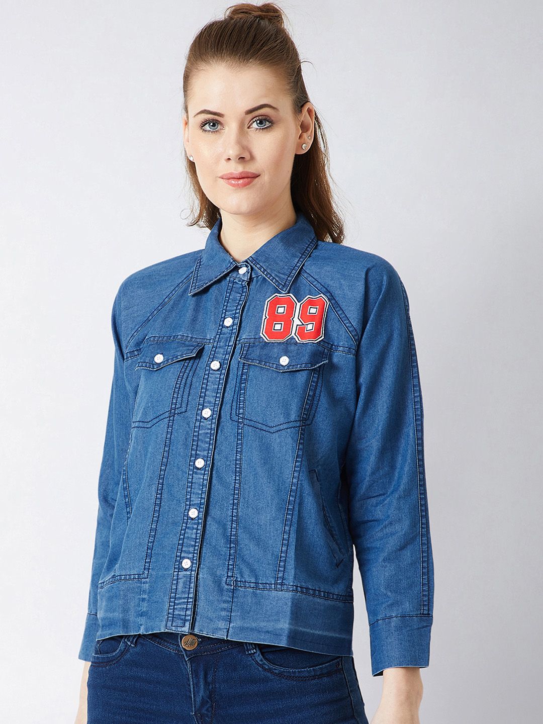 Miss Chase Women Blue Solid Denim Jacket Price in India