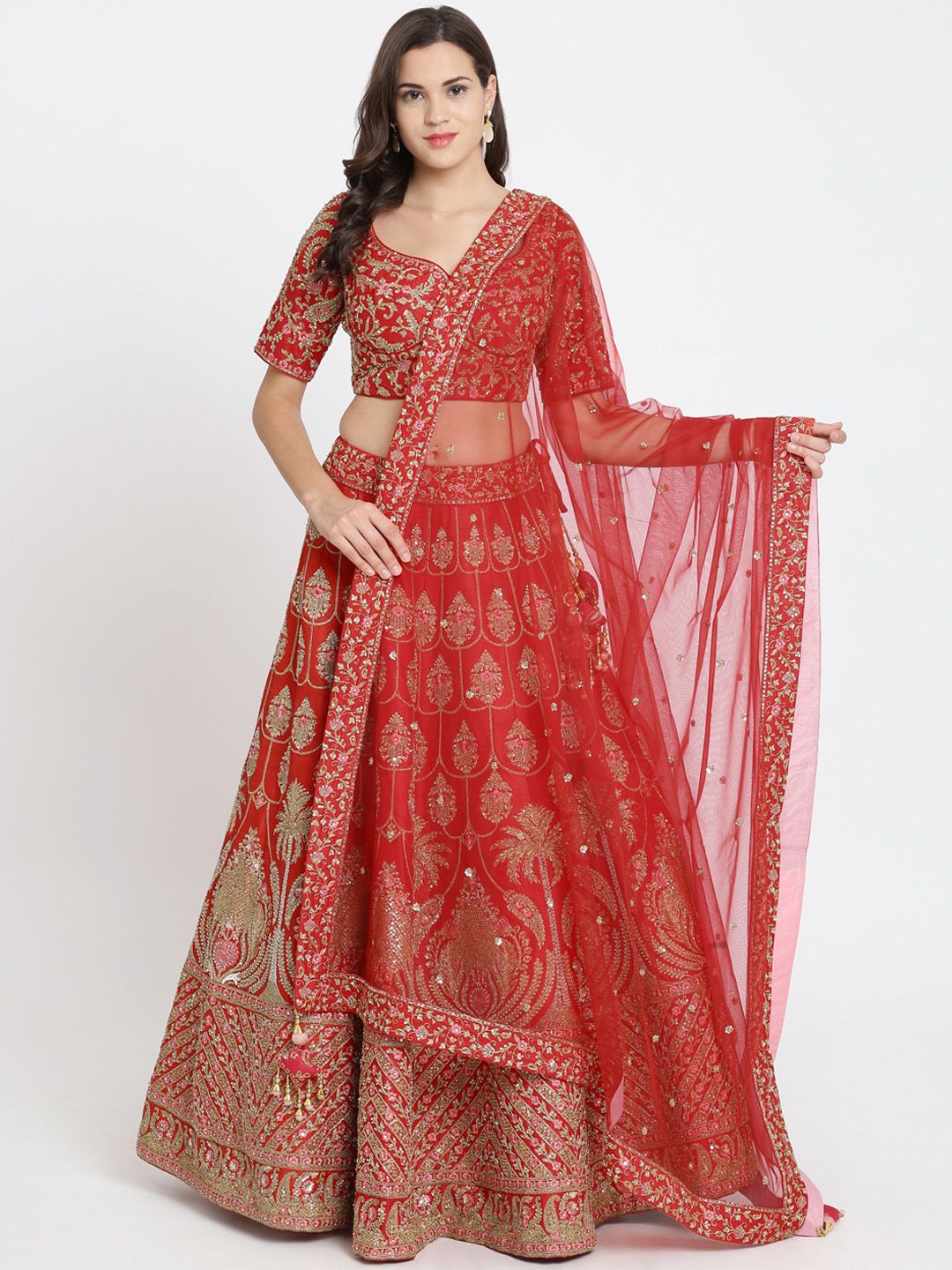 Koskii Red & Gold-Coloured Embroidered Ready to Wear Lehenga & Blouse with Dupatta