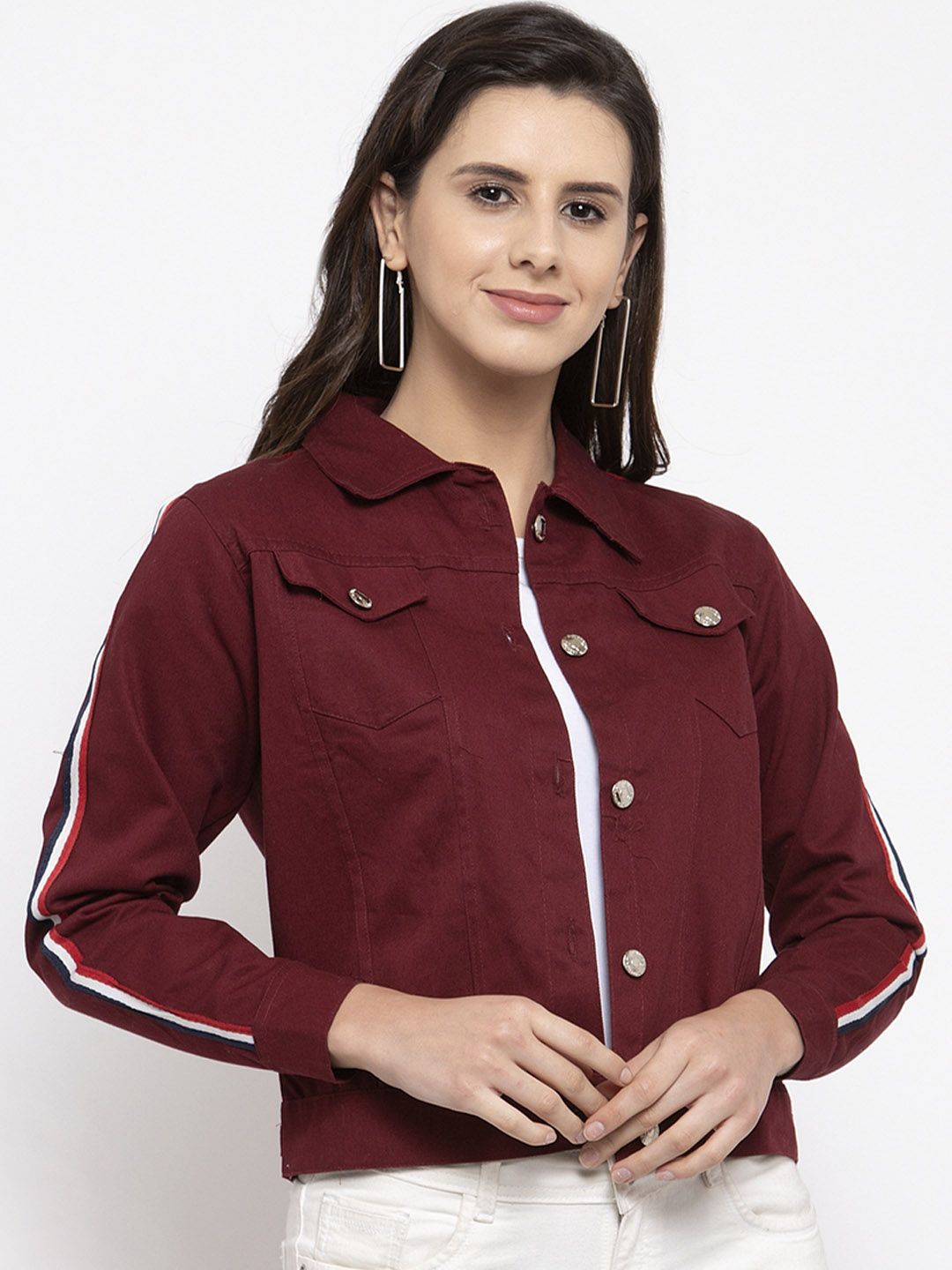 VOXATI Women Maroon Solid Denim Jacket Price in India