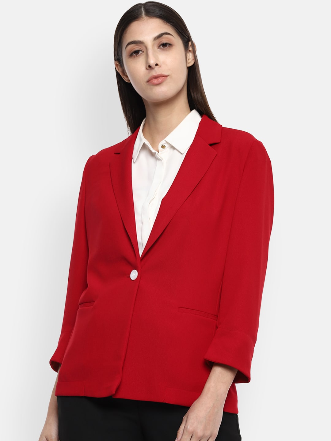 Van Heusen Woman Red Solid Single-Breasted Formal Blazer Price in India
