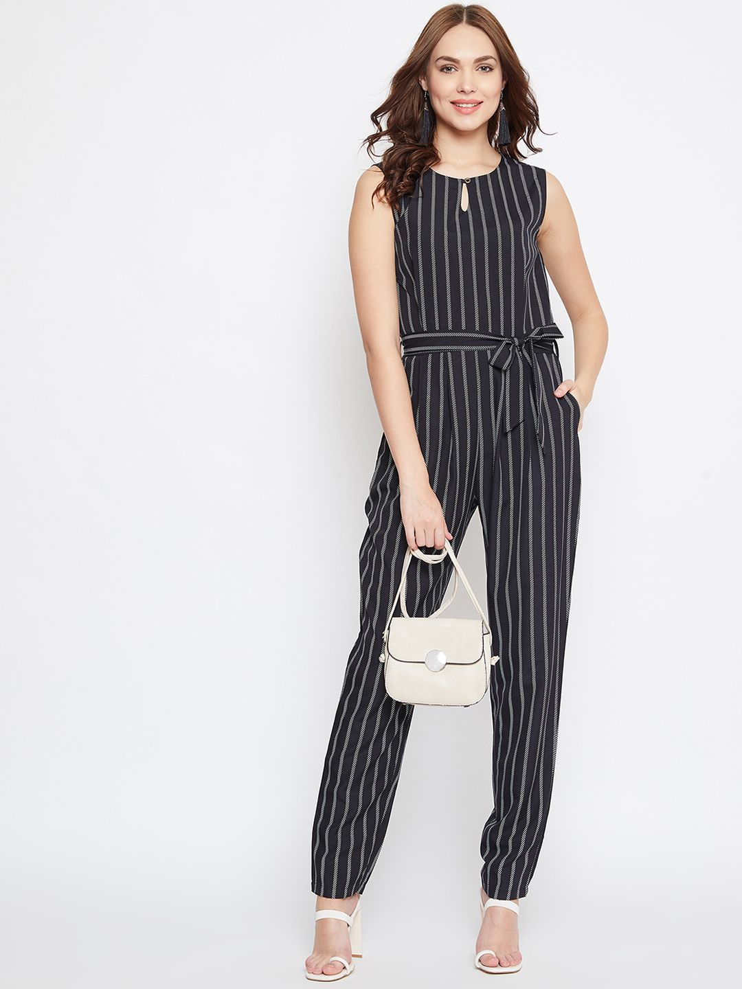 Uptownie Lite Women Black & White Striped Basic Jumpsuit Price in India