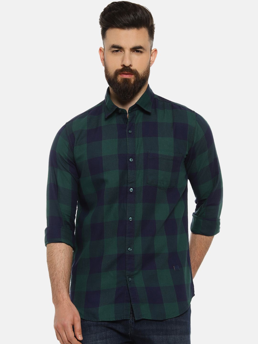 CAHOOT Men Green & Navy Blue Regular Fit Checked Casual Shirt