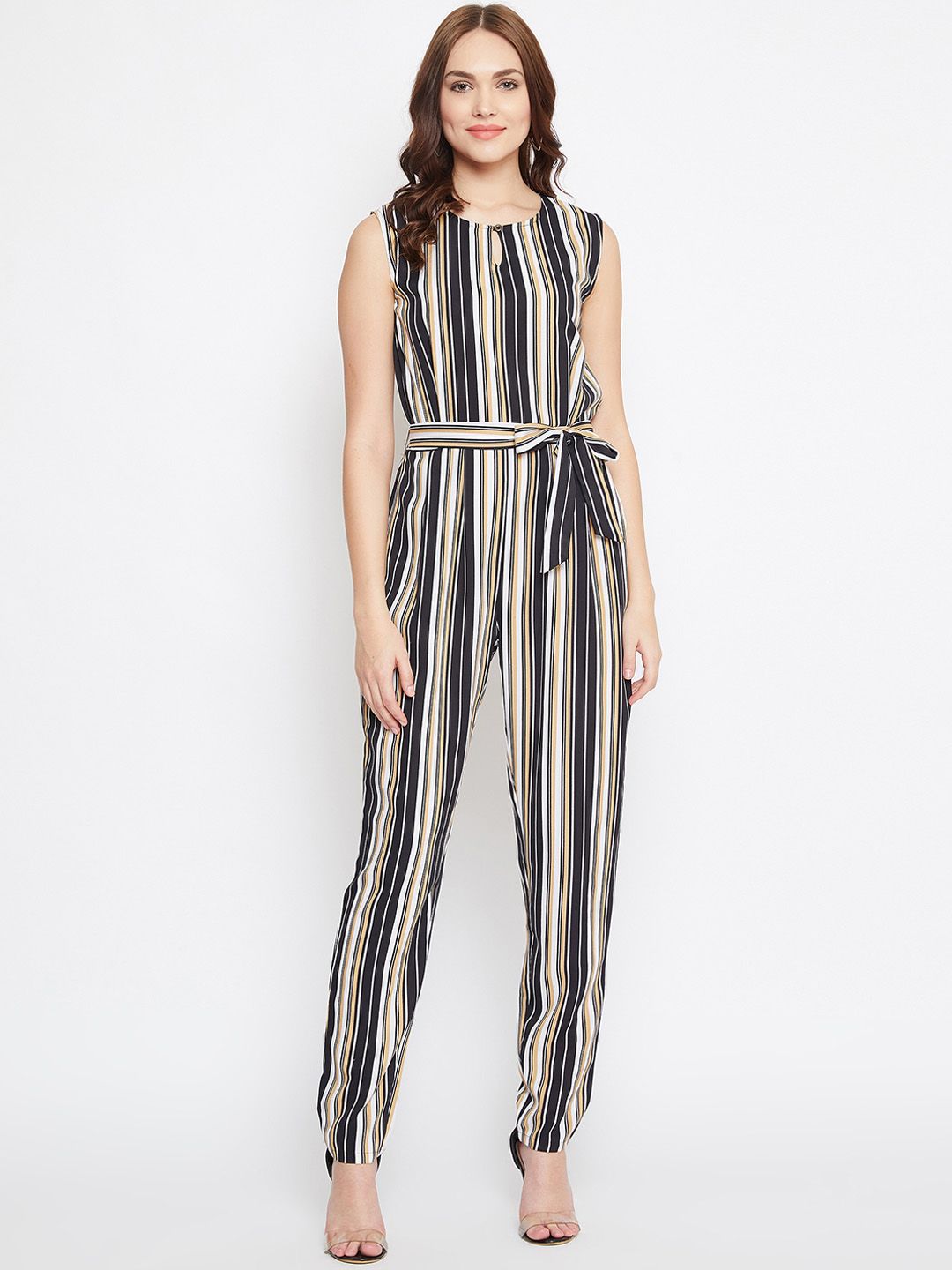 Uptownie Lite Women Brown & Black Striped Basic Jumpsuit Price in India