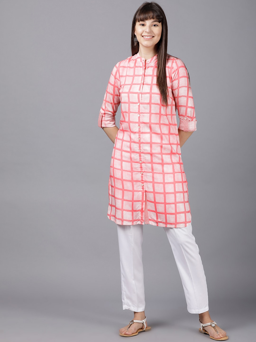 Vishudh Coral Pink Checked Tunic Price in India