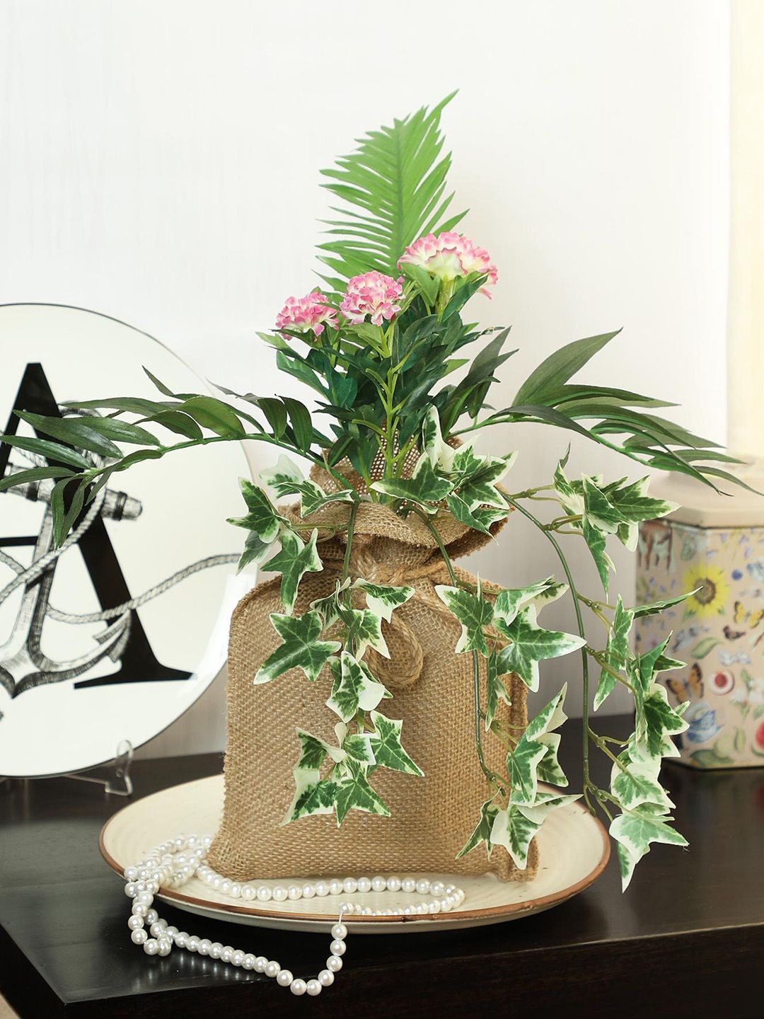 PolliNation Green  White Artificial Hanging Bonsai Plant With Jute Bag Price in India