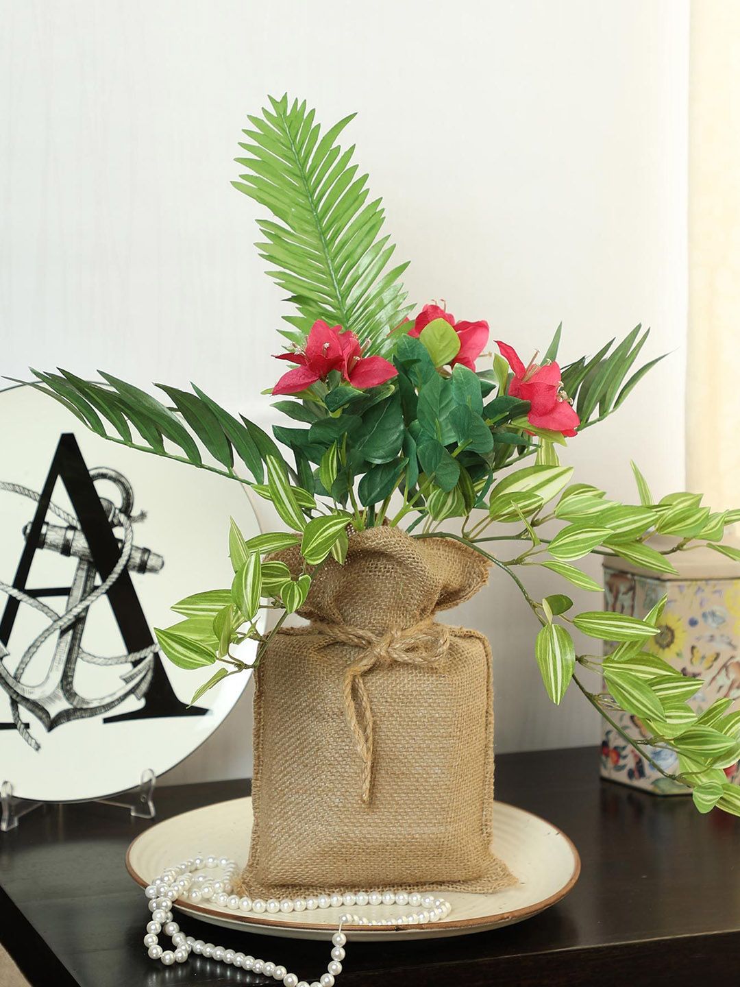 PolliNation Green  Red Artificial Hanging Bonsai Plant with Jute Bag Price in India