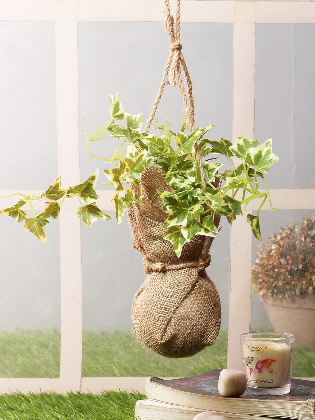PolliNation Yellow  Green Set of 2 Artificial Ivy Hanging Bonsai Plant in Jute Bag Price in India