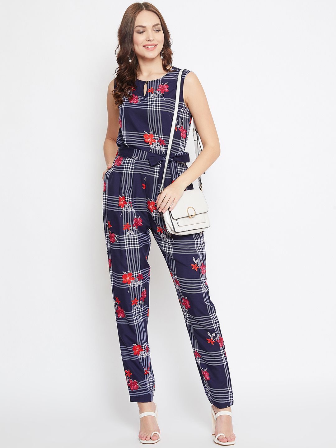 Uptownie Lite Women Navy Blue & White Printed Basic Jumpsuit Price in India