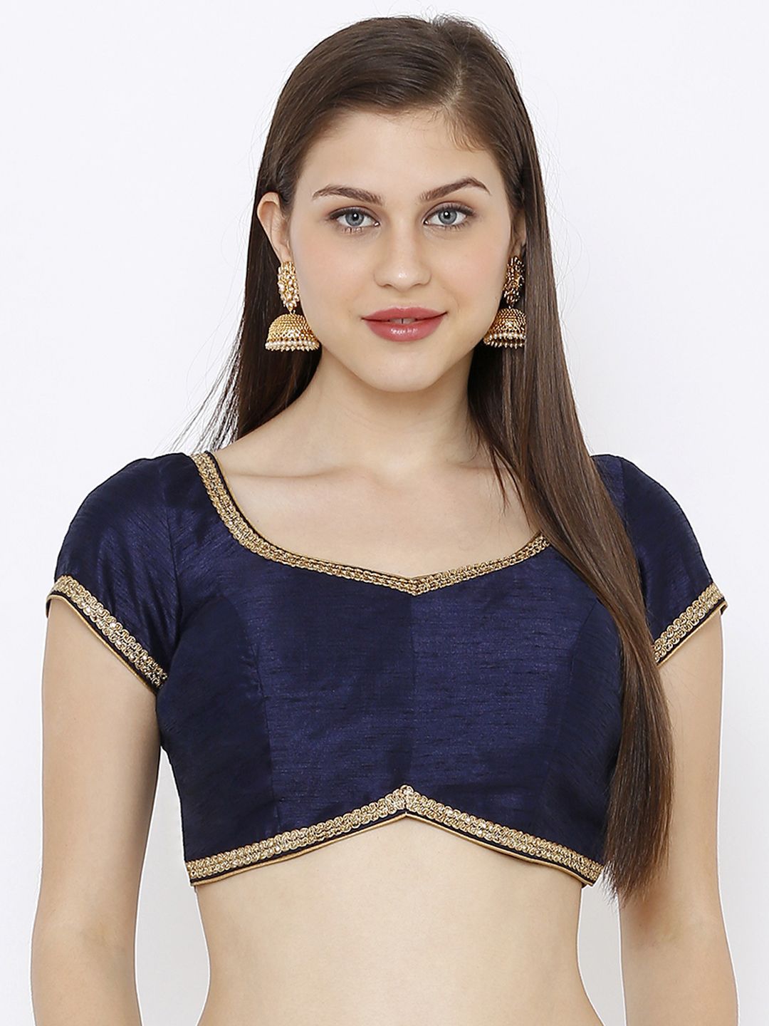 SALWAR STUDIO Women Navy Blue Solid Dupion Silk Solid Round Neck Readymade Saree Blouse Price in India