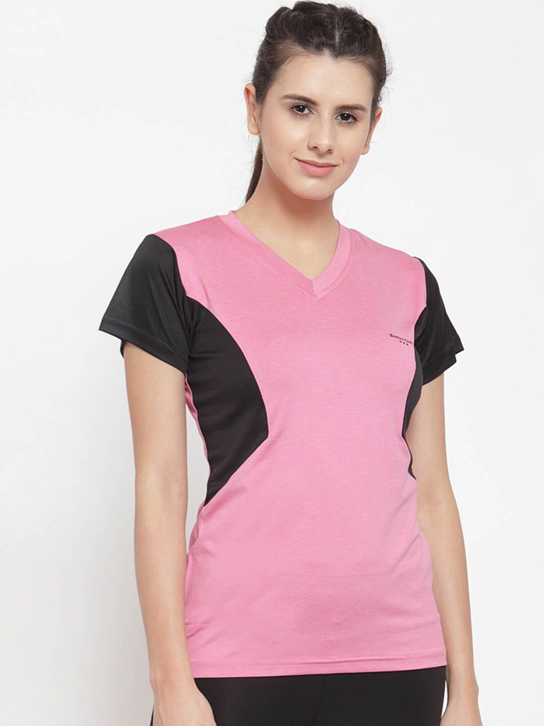 Boston Club Women Pink & Black Colourblocked V-Neck T-shirt Price in India