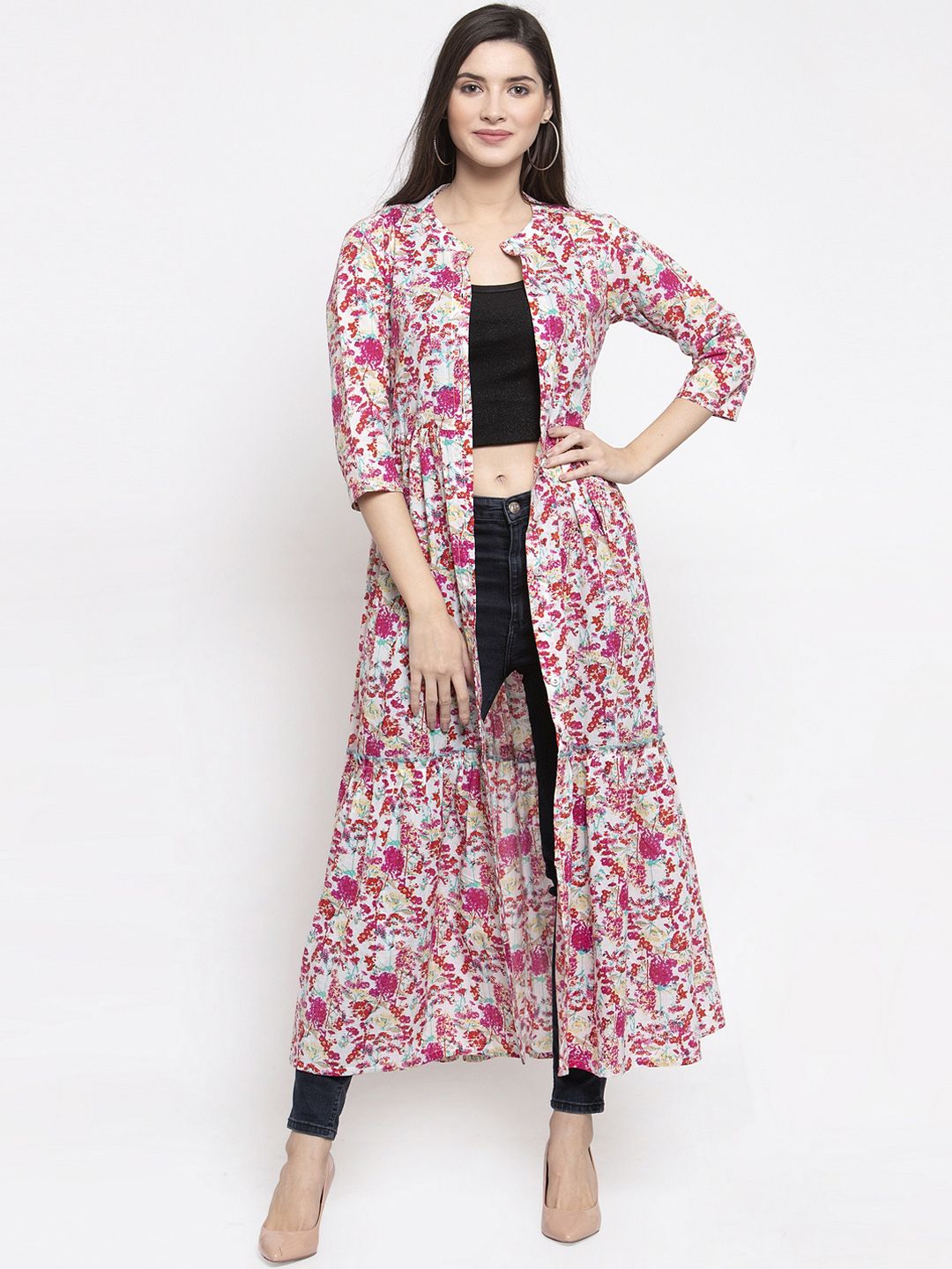 Indibelle Women Pink Printed Open Front Shrug Price in India