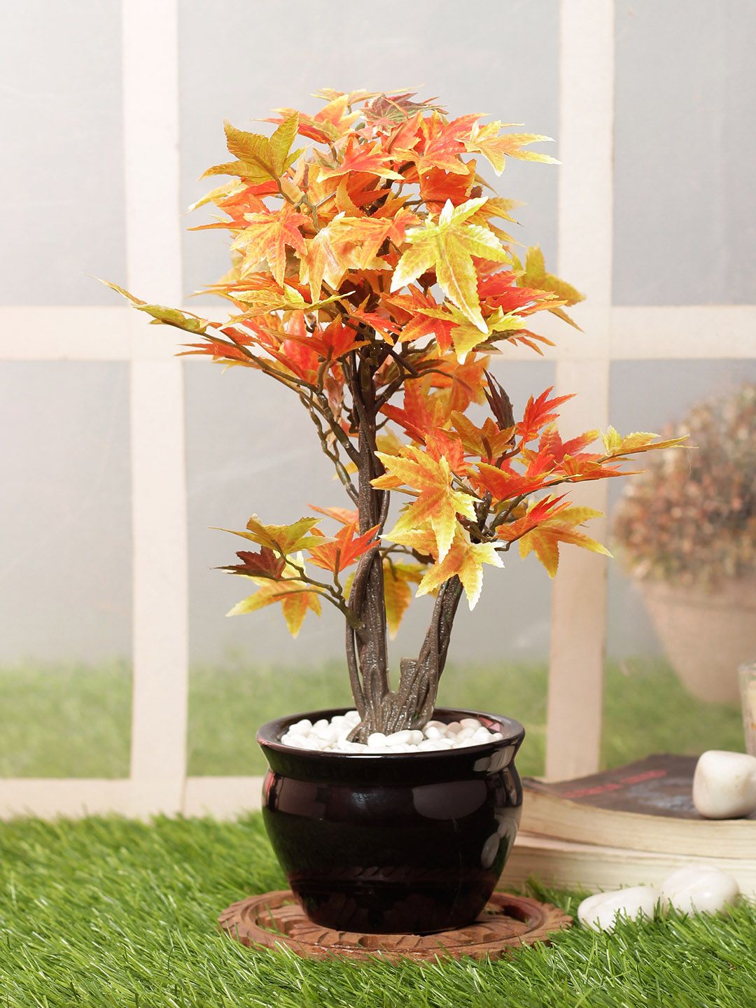 PolliNation Orange  Brown Artificial Maple Bonsai With Ceramic Pot Price in India