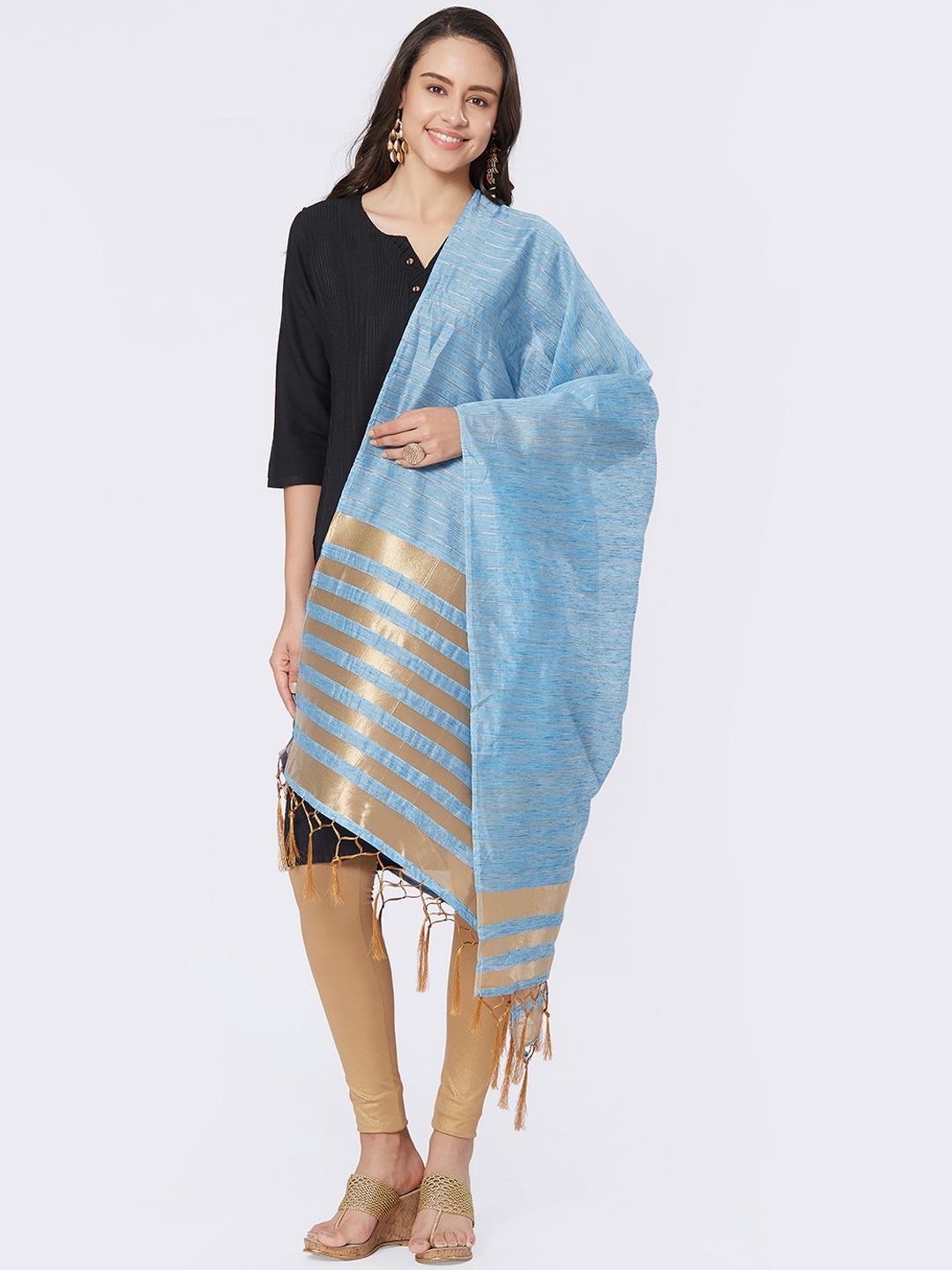 Faserz Blue & Gold-Coloured Striped Dupatta