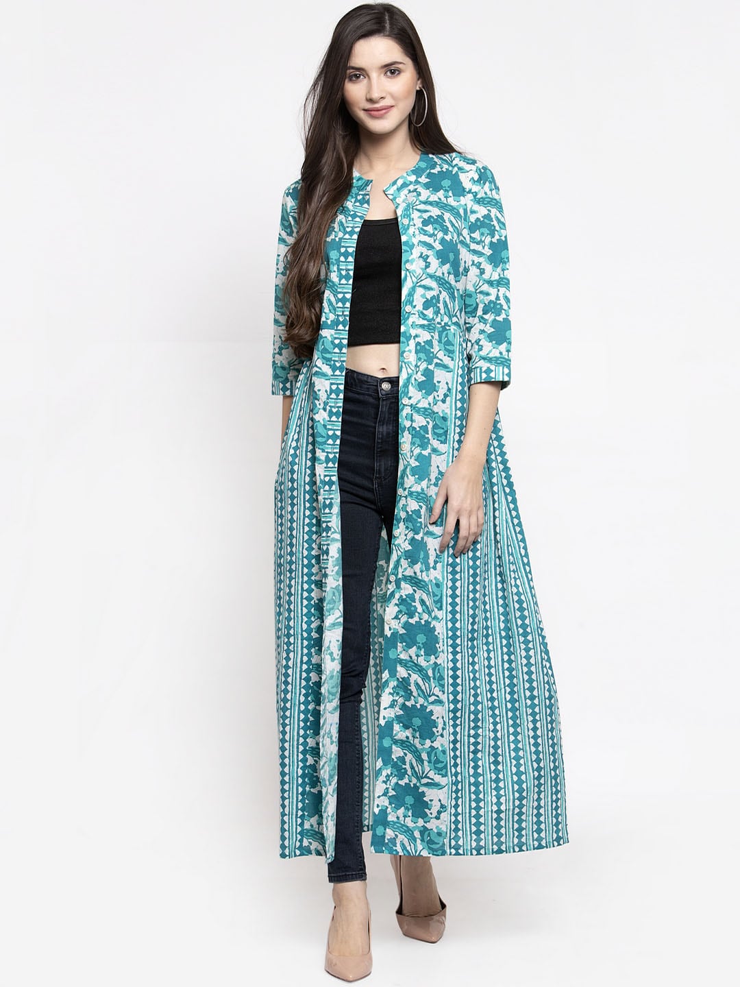 Indibelle Women Turquoise Blue & Off-White Printed Open Front Shrug Price in India