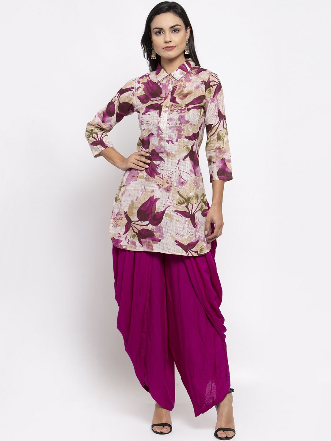 Jompers Women Purple & Beige Floral Printed Kurti Price in India