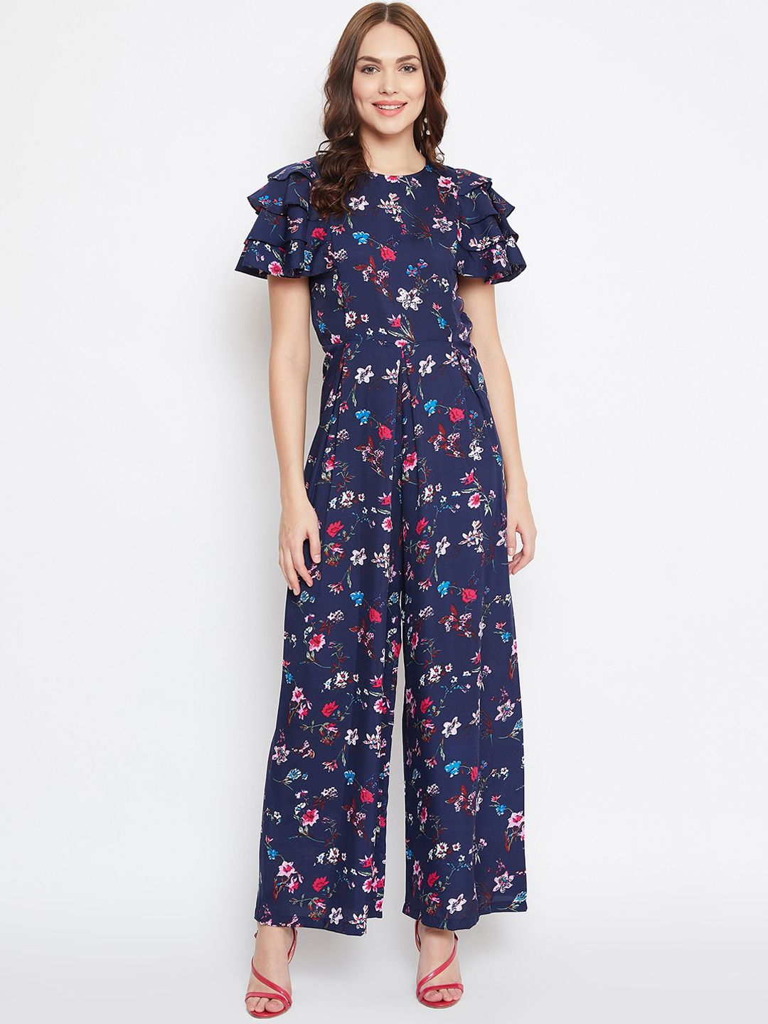 Uptownie Lite Women Blue & Pink Printed Basic Ruffle Jumpsuit Price in India