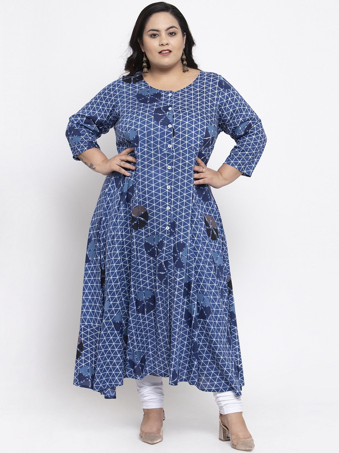 plusS Women Blue & Off-White Printed A-Line Kurta Price in India