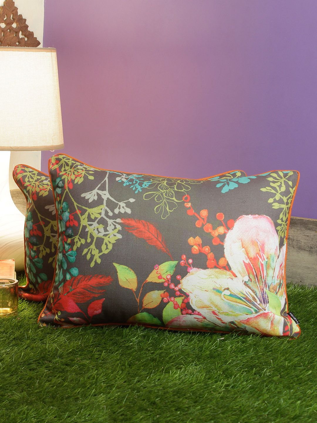 Soumya Taupe & Orange Set of 2 Floral Rectangle Cushion Covers Price in India