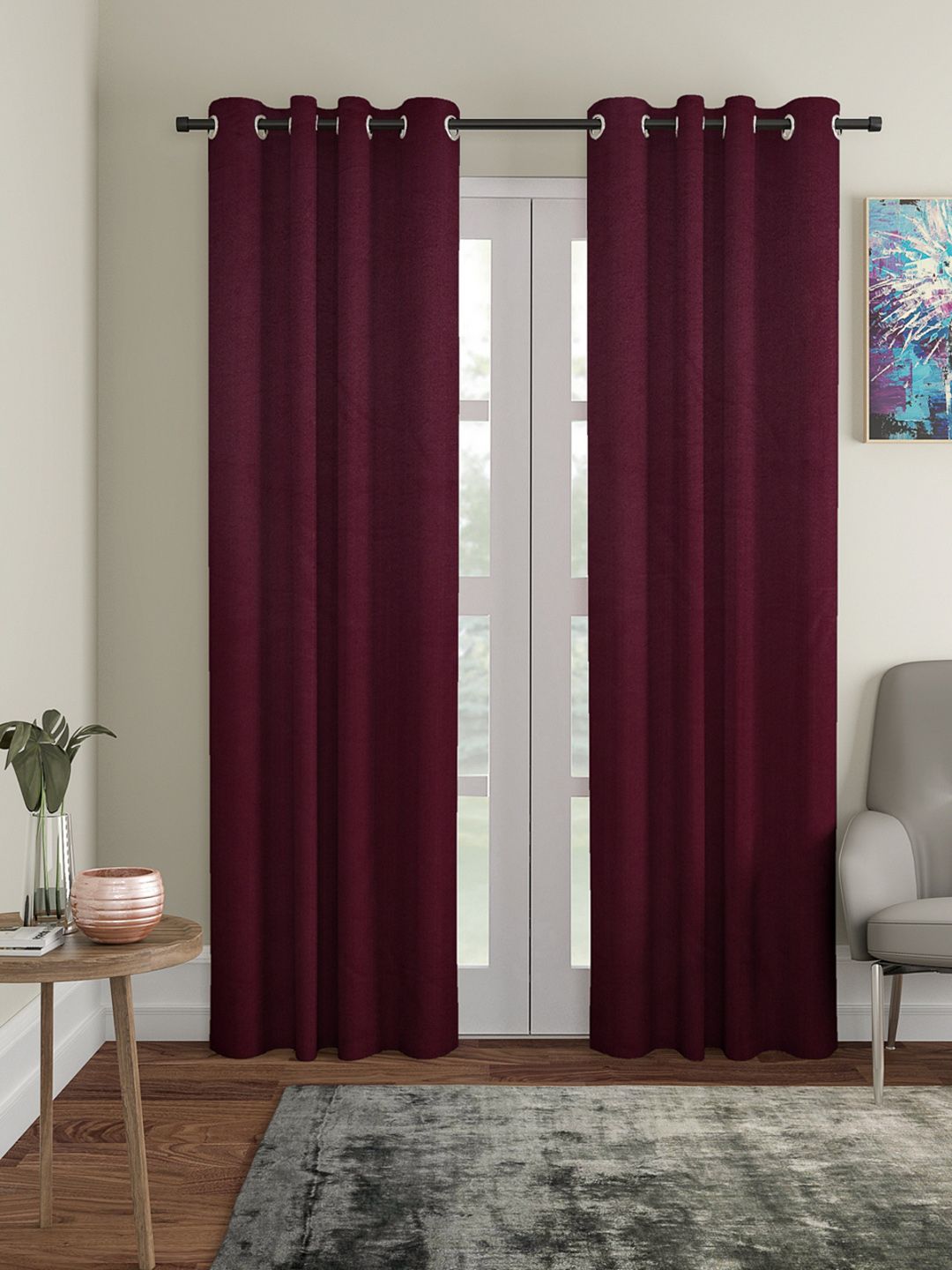 ROMEE Burgundy Set of 2 Black Out Door Curtains Price in India