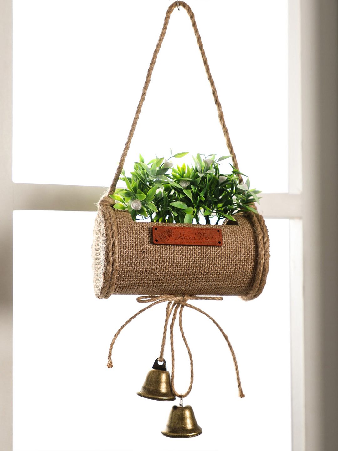 PolliNation Green  White Plastic Artificial Bonsai Plant in Jute Duffle With Bells Price in India