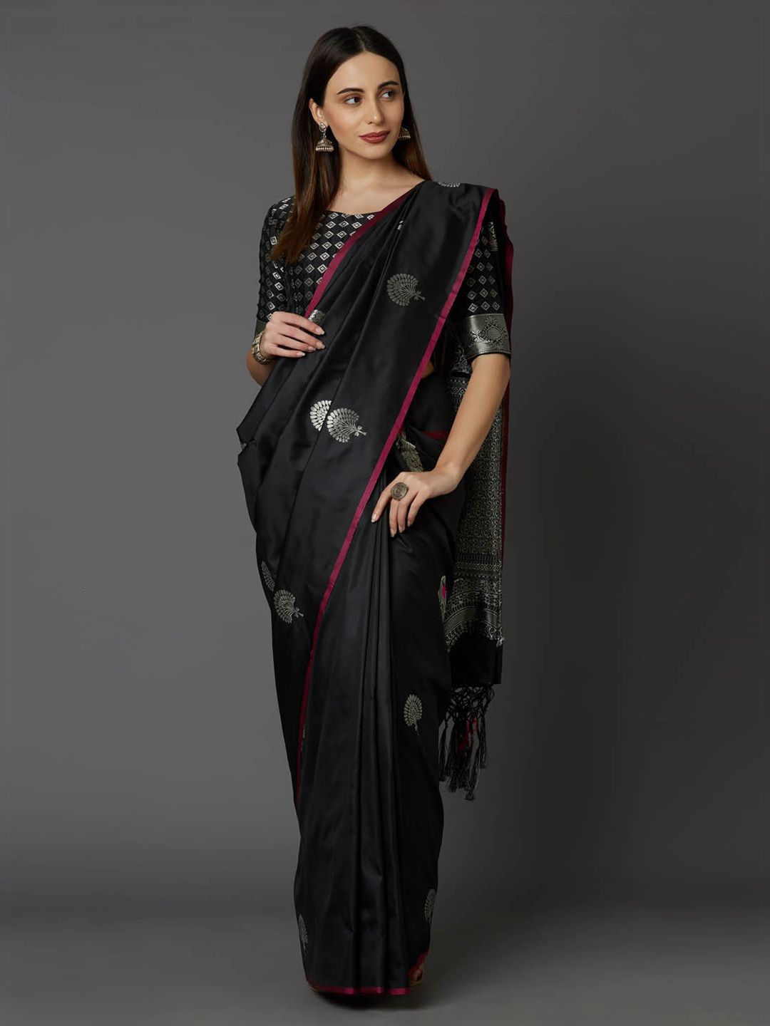 Mitera Black & Silver-Toned Silk Blend Woven Design Banarasi Saree Price in India