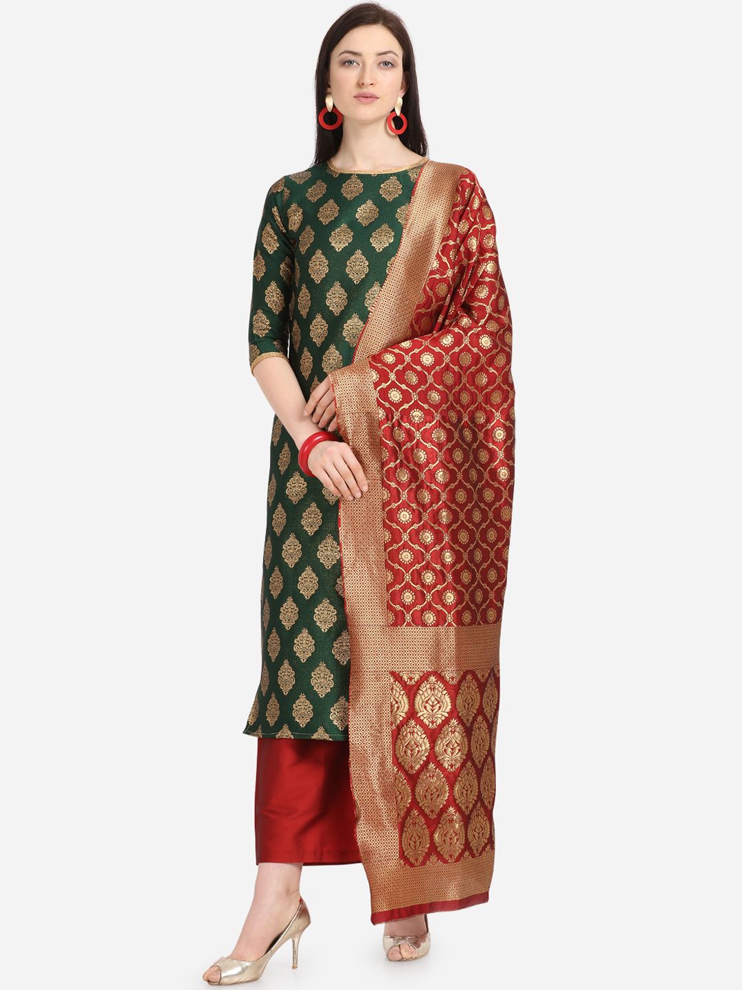 Kvsfab Green & Red Silk Blend Unstitched Dress Material Price in India