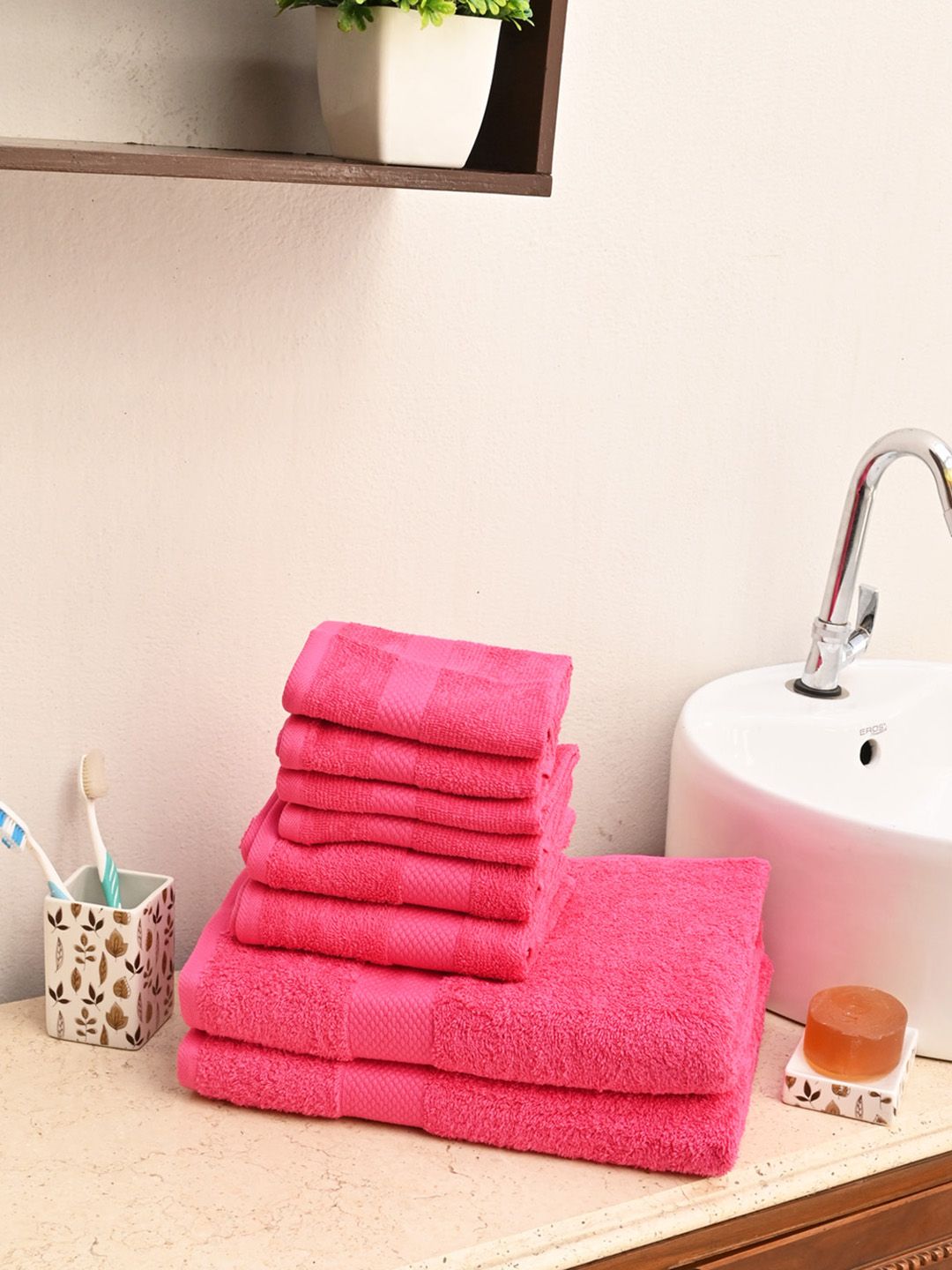 Avira Home Unisex Pack of 8 Pink Solid Cotton Value 500 GSM Towels Price in India