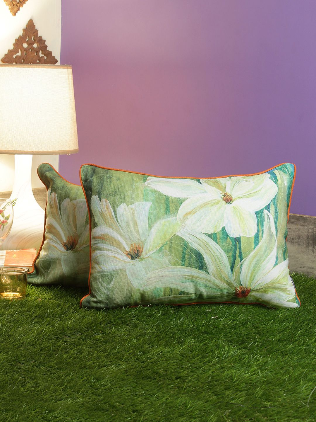 Soumya Green & Cream-Coloured Set of 2 Floral Rectangle Cushion Covers Price in India