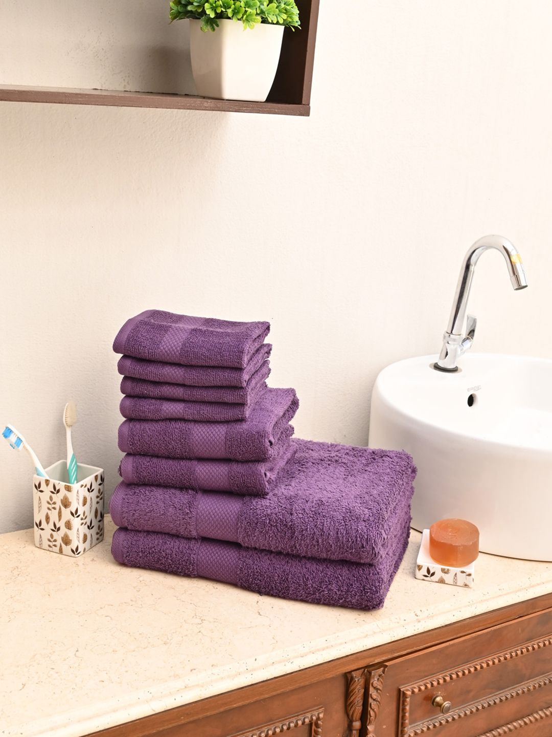 Avira Home Unisex Pack of 8 Purple Solid Cotton Value 550 GSM Towels Price in India