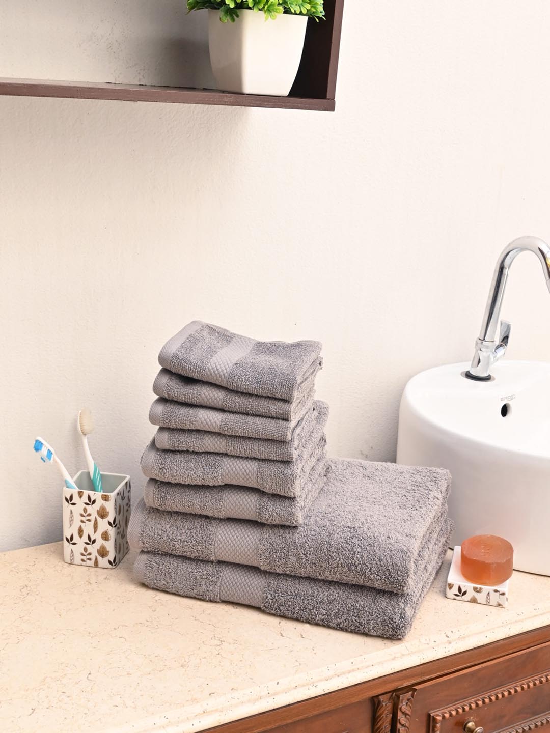 Avira Home Unisex Pack of 8 Solid Charcoal Grey Cotton Value 500 GSM Towels Price in India
