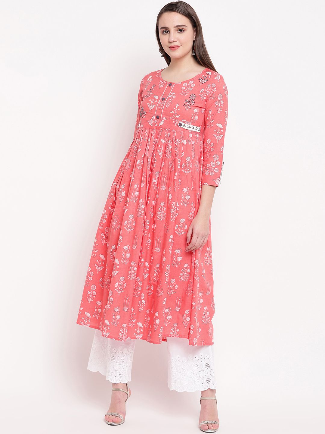 Vbuyz Women Pink & White Printed Anarkali Kurta Price in India