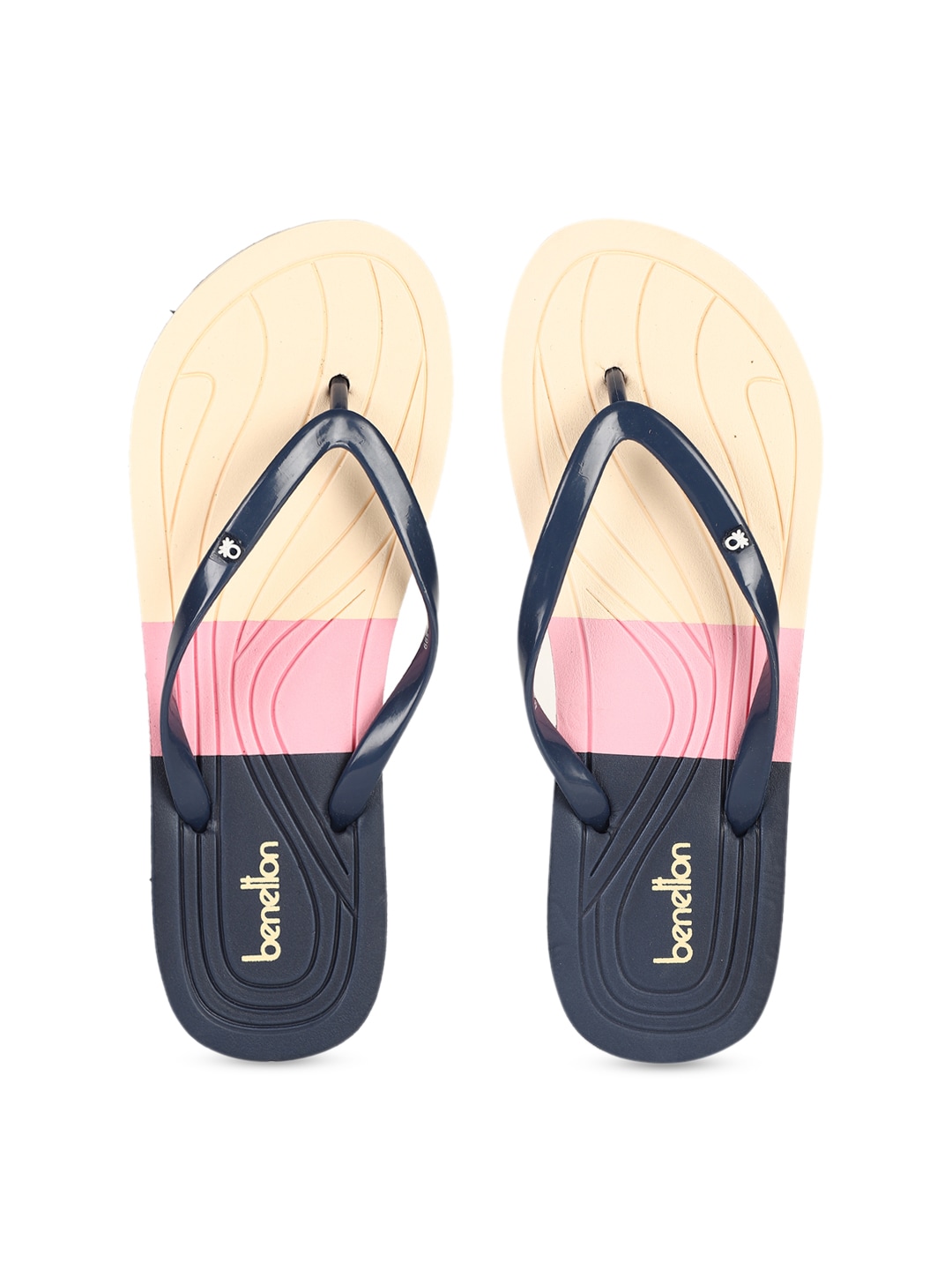 United Colors of Benetton Women Navy Blue & Pink Printed Thong Flip-Flops Price in India