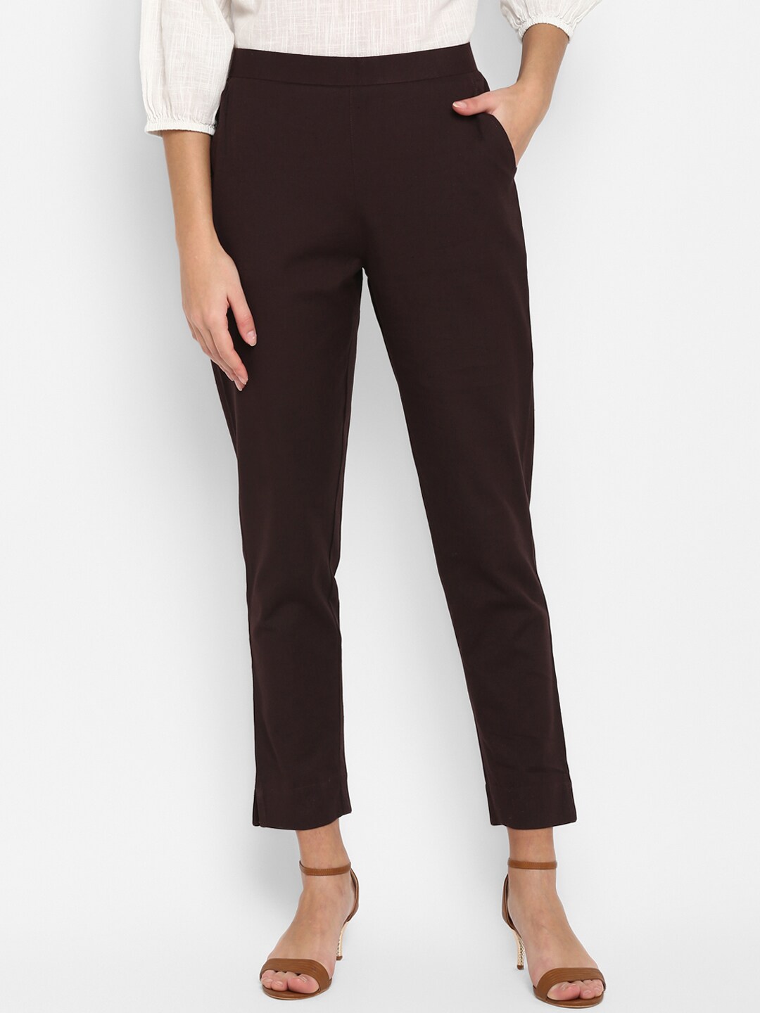 Janasya Women Brown Regular Fit Solid Cropped Trousers Price in India