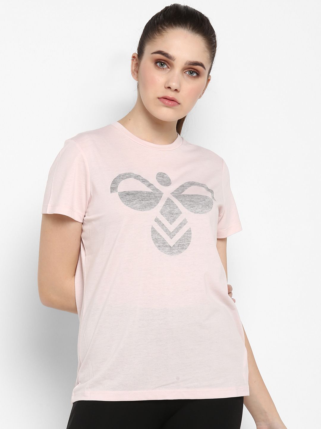 hummel Women Pink & Grey Printed Round Neck T-shirt Price in India