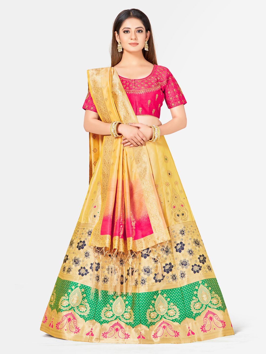 MIMOSA Yellow & Pink Embroidered Semi-Stitched Lehenga & Blouse with Dupatta